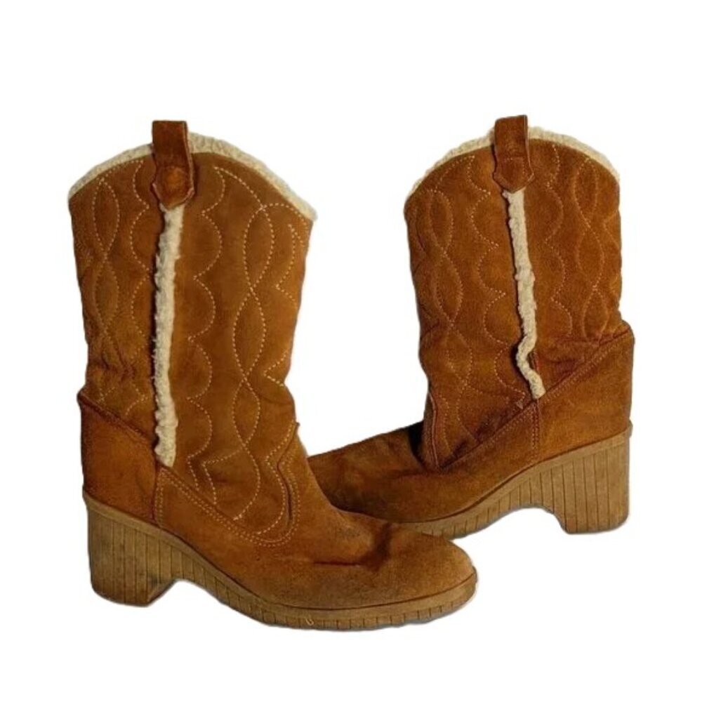 Vintage Suede Western Festival Platform Boots Shearling Lined Boho Size 8‎